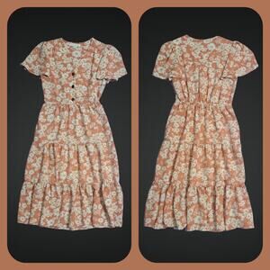 Monteau Los Angeles Boho Orange 3 Tier V Neck Dress w/ Daisy Print Size Small